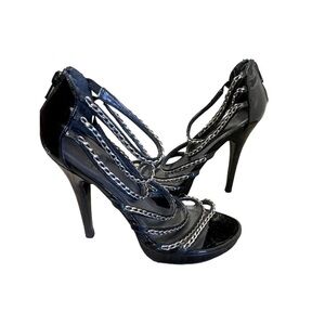 Stuart Weitzman | Designer Black Patent Leather Chain Embellished Heels/Sandals